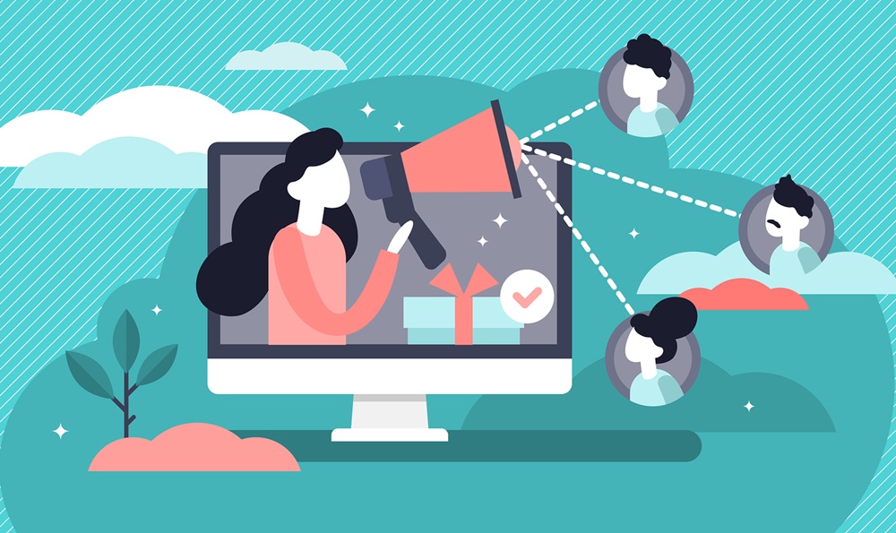 ilustração de uma pessoa saindo de um monitor e usando um megafone para fazer anúncios