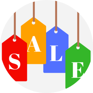 ilustração de quatro tags de papel formando a palavra sale (venda em inglês)