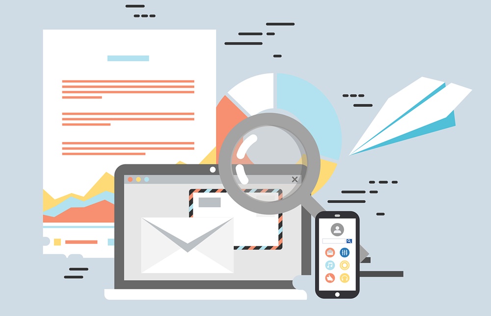 ilustração com ícones que remetem ao e-mail marketing