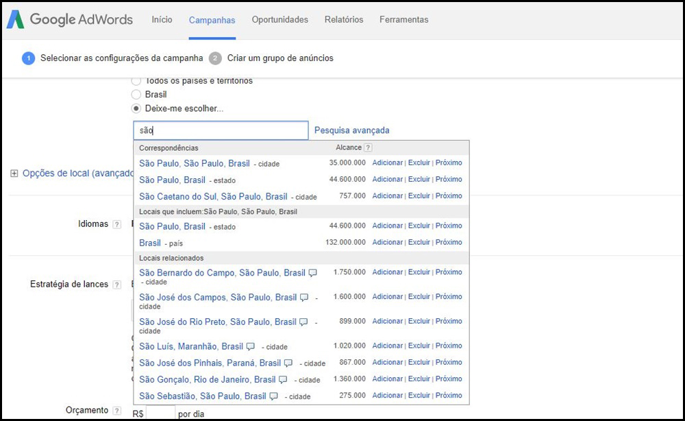 tela do Google Adwords
