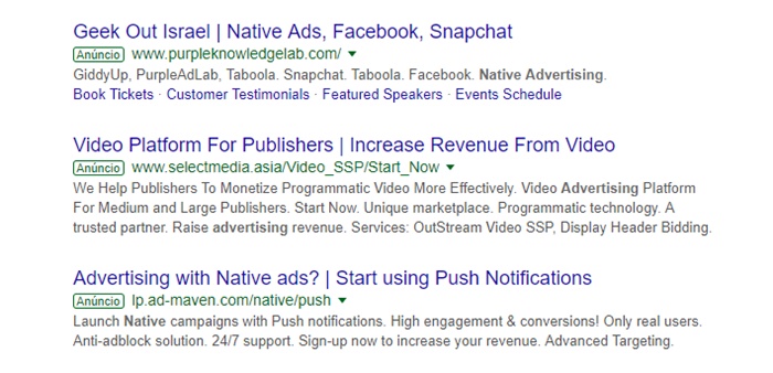 Exemplo de native ads nos resultados no Google