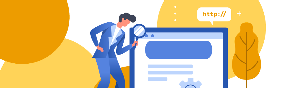 ilustração de um homem olhando a tela no computador com uma lupa