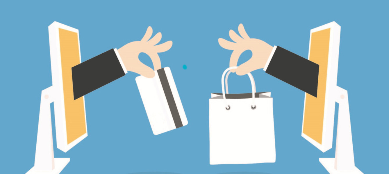 ilustração de uma pessoa com um cartão de banco na mão e outra com uma sacola de compras.